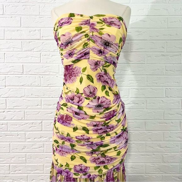 ASOS Design Mesh Ruched Bandeau Strapless Maxi Floral Dress Size 6 - Picture 7 of 14